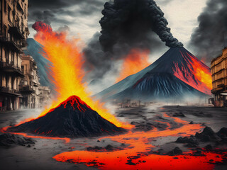 Volcano Death on Street of Ancient Medieval City, Oil Painting - 768023385