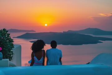 Romantic sunset view from Santorini rooftop. Couple enjoying honeymoon getaway in Greece. Ocean,...