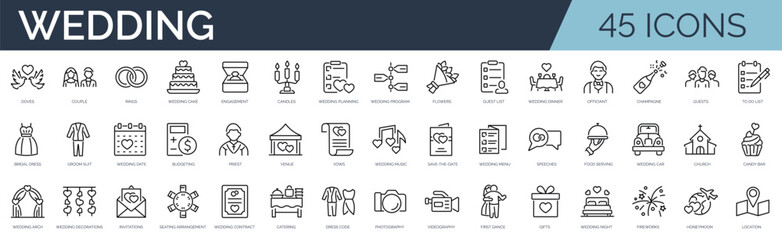 Set of 45 outline icons related to wedding. Linear icon collection. Editable stroke. Vector illustration