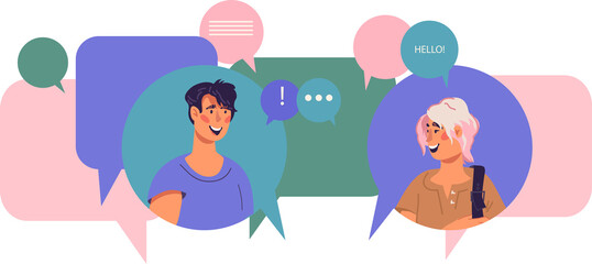 Young people chatting online in social network. Social media and internet communications concept with cartoon characters in speech bubbles.