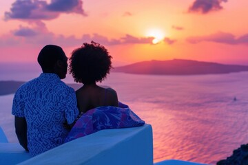 Couple enjoying sunset over the ocean in Santorini, Greece. Breathtaking view of caldera. Honeymoon...