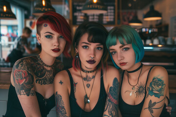 Three beautiful tattooed pierced  women posing for the camera short hair