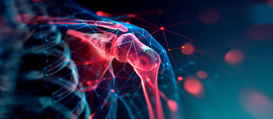 A highly detailed 3D illustration of human shoulder anatomy with glowing skeletal and neural networks on a dark background - obrazy, fototapety, plakaty