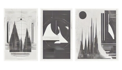 Posters set Modern figures composition monochrome elements futuristic graphic print 4 geometrical brutalism Retro minimalistic silhouette basic extraordinary shapes vector