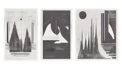 Posters set Modern figures composition monochrome elements futuristic graphic print 4 geometrical brutalism Retro minimalistic silhouette basic extraordinary shapes vector