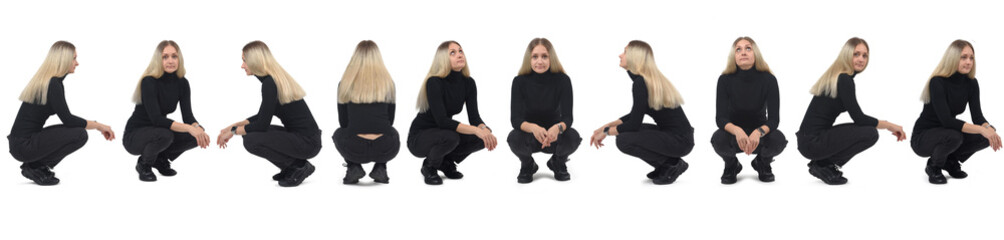 side view of a large group of same woman squatting on white background