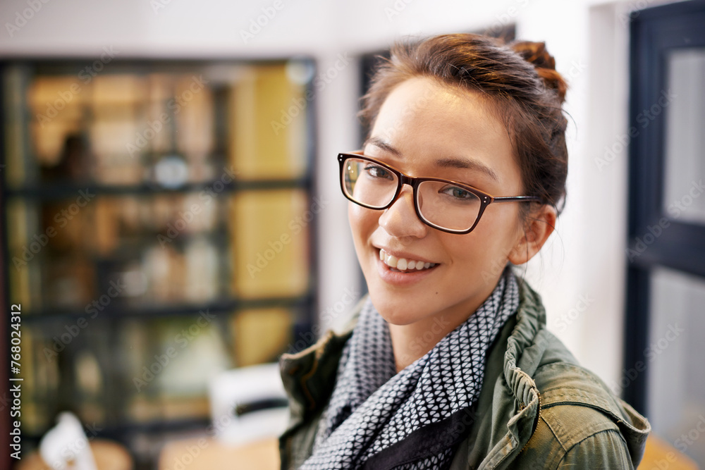 Poster Happy woman, portrait and creative with glasses for career ambition or confidence at the office. Face of smart female person, employee or designer with smile for startup, mindset or positive attitude