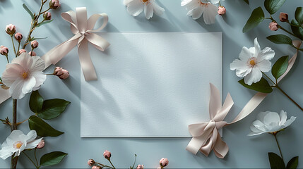 Beautiful blank white invitation paper with bow and white flowers. Flat lay on blue background.