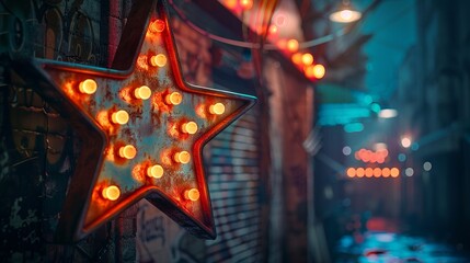 Retro star-shaped sign with bulbs, industrial ambiance