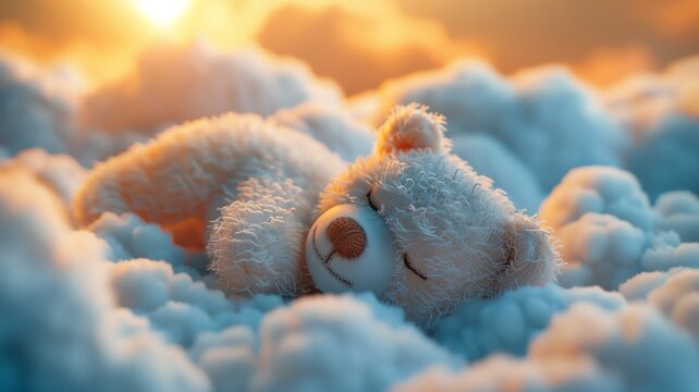 Teddy Bear Sleeping Amongst Fluffy Clouds at Sunset