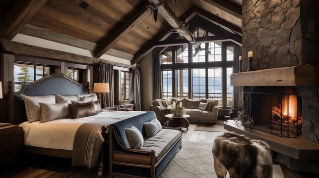 Rustic hand-carved alpine ski chalet with massive wood beams, cozy bunkrooms, stone accents and charming patio with mountain views