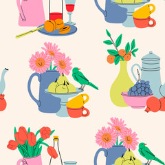 Classical still life pictures set. Flowers in vase, fruits on plate, bottle with drink. Hand drawn colorful Vector illustration. Square seamless Pattern, background, wallpaper - 768024522