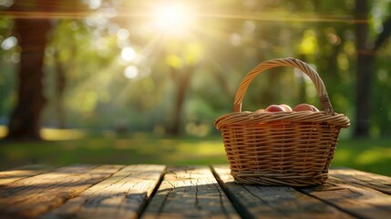 Summer picnic scene with wicker basket on a wooden table outdoors - obrazy, fototapety, plakaty