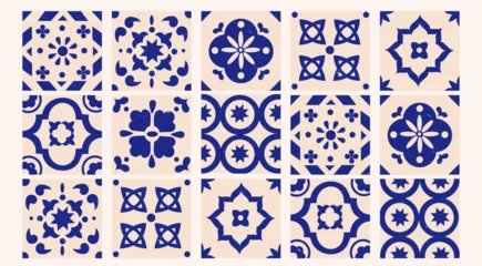 Gardinen Various square Tiles. Different blue ornaments. Traditional mediterranean style. Hand drawn Vector illustration. Ceramic tiles. Isolated design elements. Grunge texture. Decorative tile pattern design © Dariia