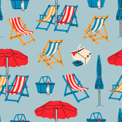 Summer beach set. Beach chairs, wooden deck chair, sun umbrella, picnic basket, sunbed. Hand drawn Vector illustration. Square seamless Pattern. Background, wallpaper. Vacation, relax, holiday concept - 768024582