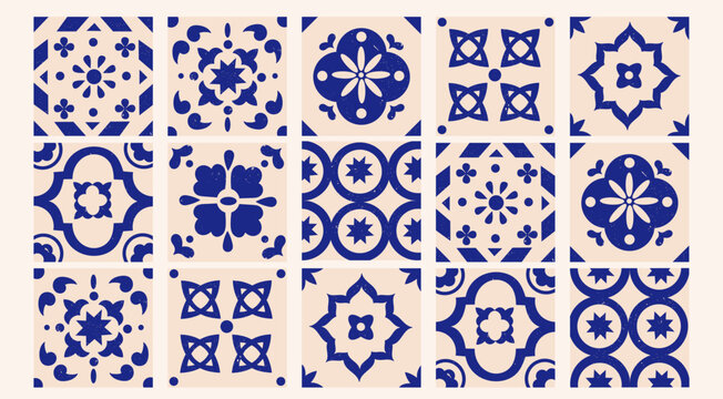 Various square Tiles. Different blue ornaments. Traditional mediterranean style. Hand drawn Vector illustration. Ceramic tiles. Isolated design elements. Grunge texture. Decorative tile pattern design