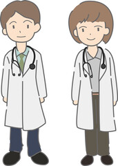 聴診器をつけている男性医師と女性医師の立ち絵
