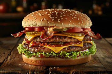 giant double cheeseburger with bacon