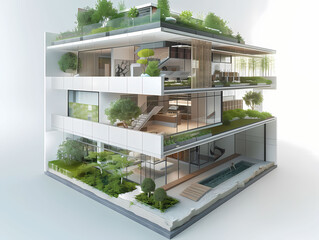 An architectural model of an energy-efficient building, showcasing advanced insulation materials, natural ventilation systems, and solar water heating, with interactive displays explaining the benefit