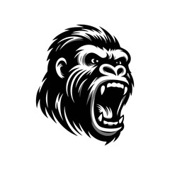 Black and white logo of an angry gorilla isolated on a white background. Vector illustration of an ape head suitable for tattoos, logos, brands.