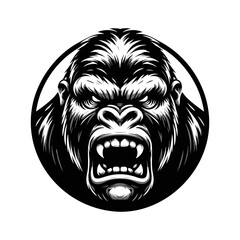 Black and white logo of an angry gorilla isolated on a white background. Vector illustration of an ape head suitable for tattoos, logos, brands.