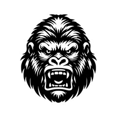 Black and white logo of an angry gorilla isolated on a white background. Vector illustration of an ape head suitable for tattoos, logos, brands.