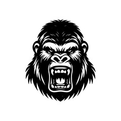 Black and white logo of an angry gorilla isolated on a white background. Vector illustration of an ape head suitable for tattoos, logos, brands.