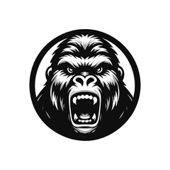 Black and white logo of an angry gorilla isolated on a white background. Vector illustration of an ape head suitable for tattoos, logos, brands.