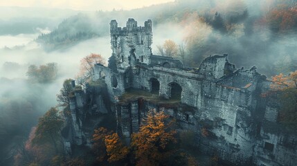 Historic castle ruins from a drone's eye view, early morning mist adding a mysterious vibe, high-resolution for history and architecture publications. - obrazy, fototapety, plakaty