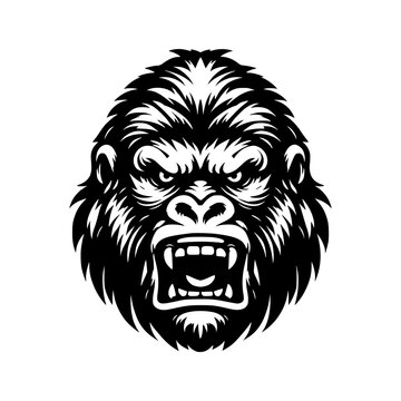 Black and white logo of an angry gorilla isolated on a white background. Vector illustration of an ape head suitable for tattoos, logos, brands.