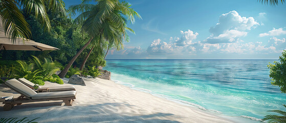 Idyllic Tropical Beach Setup with Clear Blue Skies, White Sand, Palm Trees, and Relaxing Seashore Elements, 3D Render - obrazy, fototapety, plakaty