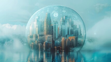 Illustrate a digital city under a protective dome with symbols of the NIS2 Directive and Cyber Resilience Act engraved on it, signifying the security and compliance umbrella these regulations provide