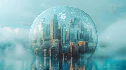 Fotobehang Illustrate a digital city under a protective dome with symbols of the NIS2 Directive and Cyber Resilience Act engraved on it, signifying the security and compliance umbrella these regulations provide © Warut