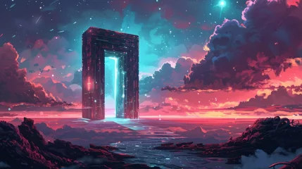 Abwaschbare Fototapete Illustrate a futuristic gateway standing atop a digital landscape, symbolizing the entrance to a secure cyber realm, governed by the latest cybersecurity regulations © Warut