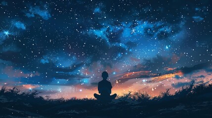 Obraz na płótnie Canvas Illustrate a person sitting in meditation pose under a vast starry sky in the wilderness, capturing a sense of vastness, inner exploration, and the universe's tranquility.