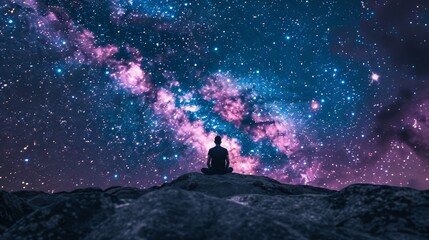 Fototapeta na wymiar Illustrate a person sitting in meditation pose under a vast starry sky in the wilderness, capturing a sense of vastness, inner exploration, and the universe's tranquility.