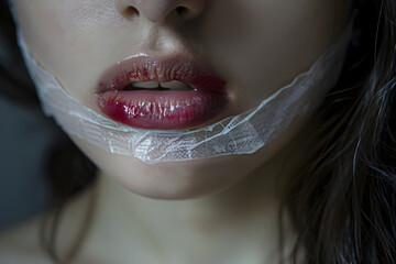 Portrait of woman as hostage, mouth taped and bruised, depicting violence and subjugation
