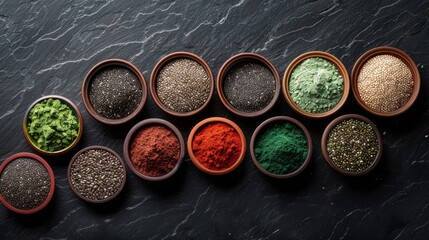 Illustrate an image focusing on a selection of superfoods like chia seeds, flax seeds, and spirulina powder, with each ingredient artistically placed in small bowls on a dark slate background. - obrazy, fototapety, plakaty