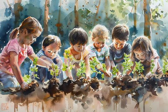 An evocative image of children from diverse backgrounds planting trees in a deforested area, their faces determined and hopeful, with the newly planted saplings representing a grassroots effort