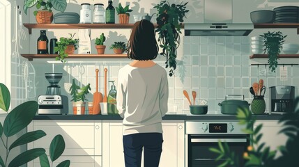 Illustrate the everyday life of a person living a zero-waste lifestyle, from shopping with reusable bags to using eco-friendly products, in a modern, minimalist home setting. - obrazy, fototapety, plakaty