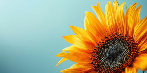 Beautiful sunflower in close up on a vibrant blue background with copy space for text