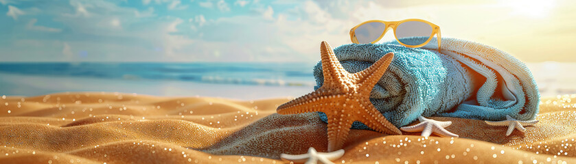 Bright and Inviting Summer Vacation Concept with Beach Towel, Starfish, and Sunglasses on Golden Sand, 3D Render, 3DCG - obrazy, fototapety, plakaty