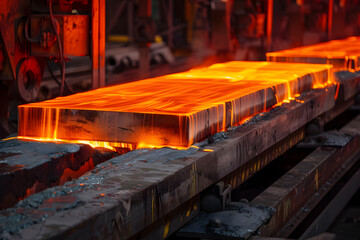 Metal rolling plant: intense steel production and spark emission - obrazy, fototapety, plakaty