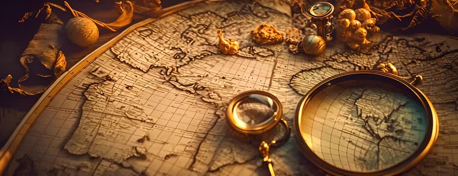 Vintage magnifying glass lies on an ancient world map 4K Video