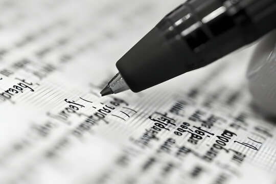 Close-up of pen writing secret code on documents for data encryption