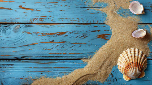 Summer background with copy space for text. Blue boards, sand and shell in the image