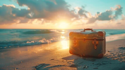 Warm sunlight casting shadows on a minimalist travel suitcase, beach getaway - obrazy, fototapety, plakaty