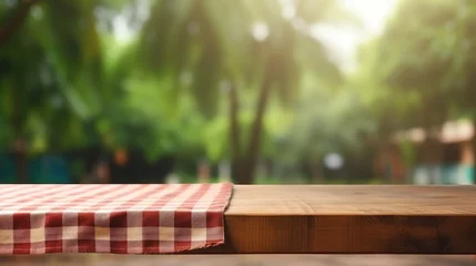 Fotobehang Empty wooden table top with farm landscape  © Media Srock