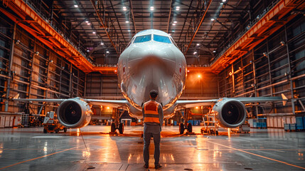 An engineer meticulously inspects aircraft structural repairs, using composite materials to ensure durability, under the bright lights of a hangar
