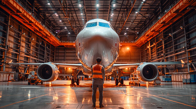 An engineer meticulously inspects aircraft structural repairs, using composite materials to ensure durability, under the bright lights of a hangar
